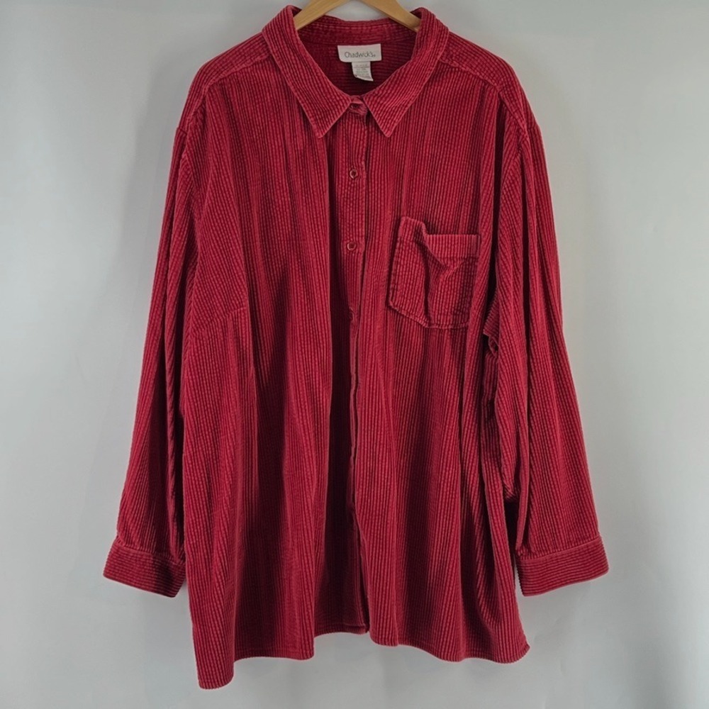 VTG 90s Red Corduroy Button Down Shirt 3XL Oversized Shacket Chore Chunky Wale
